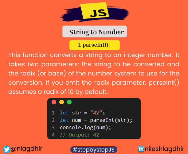 nlagdhir's tweet image. String to Integer Conversion Made Easy - Discover the Best Methods In #Javascript
➡️parseInt : converts a string to an integer
#CodingFundamentals #CodingTips #programming #webdevelopment #webdesign #stepbystepJS #100DaysOfCode #100Devs