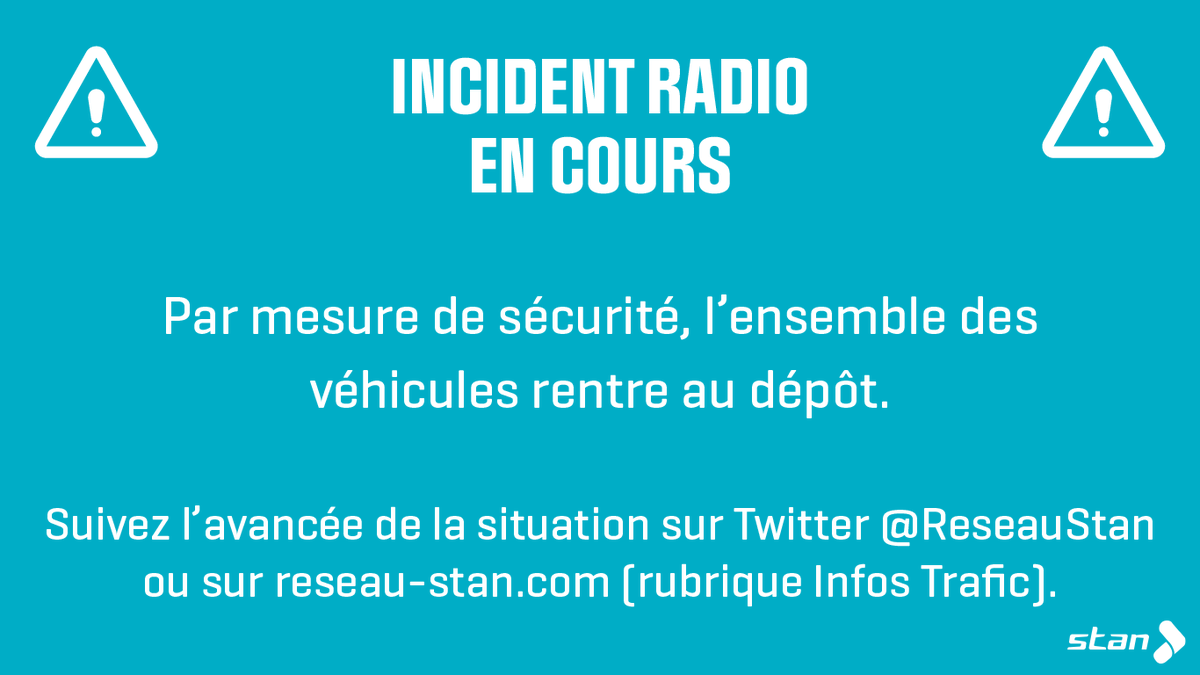 ReseauStan's tweet photo. #InfosTraficStan
⚠️Nouvel incident radio en cours qui empêche les véhicules de circuler en toute sécurité. 
👉Tous les bus rentrent progressivement au dépôt. https://t.co/xx73FnPaGO