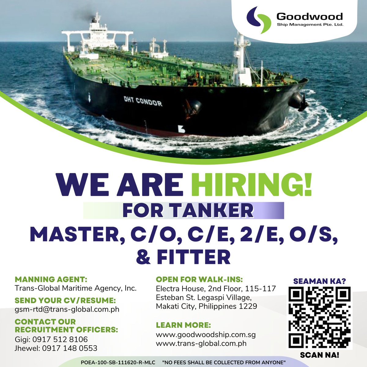 𝗚𝗼𝗼𝗱𝘄𝗼𝗼𝗱 𝗦𝗵𝗶𝗽 𝗠𝗮𝗻𝗮𝗴𝗲𝗺𝗲𝗻𝘁 𝗶𝘀 𝗦𝗧𝗜𝗟𝗟 𝗛𝗜𝗥𝗜𝗡𝗚!
Send your CV/Resume:
gsm-rtd@trans-global.com.ph

POEA-100-SB-111620-R-MLC
'NO FEES SHALL BE COLLECTED FROM ANYONE'

#hiring #careeratsea #maritimejobs #transglobalmaritime