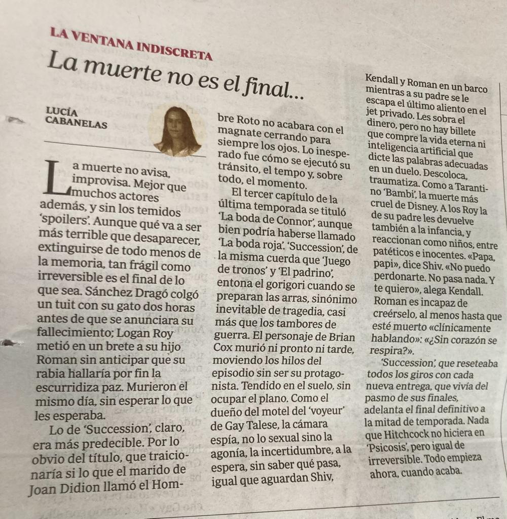 Todo empieza ahora, cuando acaba. 

Sobre la muerte, los traumas y el duelo. Algo de Tarantino y claro, mucho del último capítulo de Succession. Mi columna de hoy en <a href="/abc_es/">ABC.es</a> abc.es/play/televisio…
