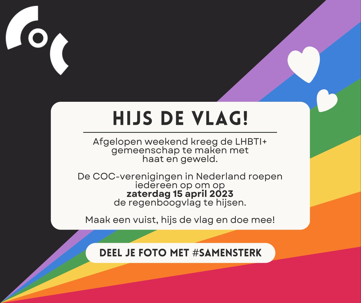 Morgen hijst namens de gemeente wethouder Van de Graaf de regenboog vlag! Dit doen wij om 08.00 uur bij de villa gemeentehuis aan Engelenburgerlaan #brummen.
Met deze actie laten wij zien solidair te zijn met de LHBTI+ gemeenschap? Bent u er ook bij?
#welkom #samensterk #respect