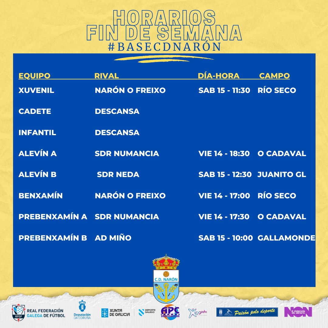CDNaron's tweet photo. 📆Horarios da #BaseCDNarón para esta fin de semana que comeza hoxe con dous partidazos en #OCadaval
#CDNaron #TuristeaNaron https://t.co/esOb2QafC2