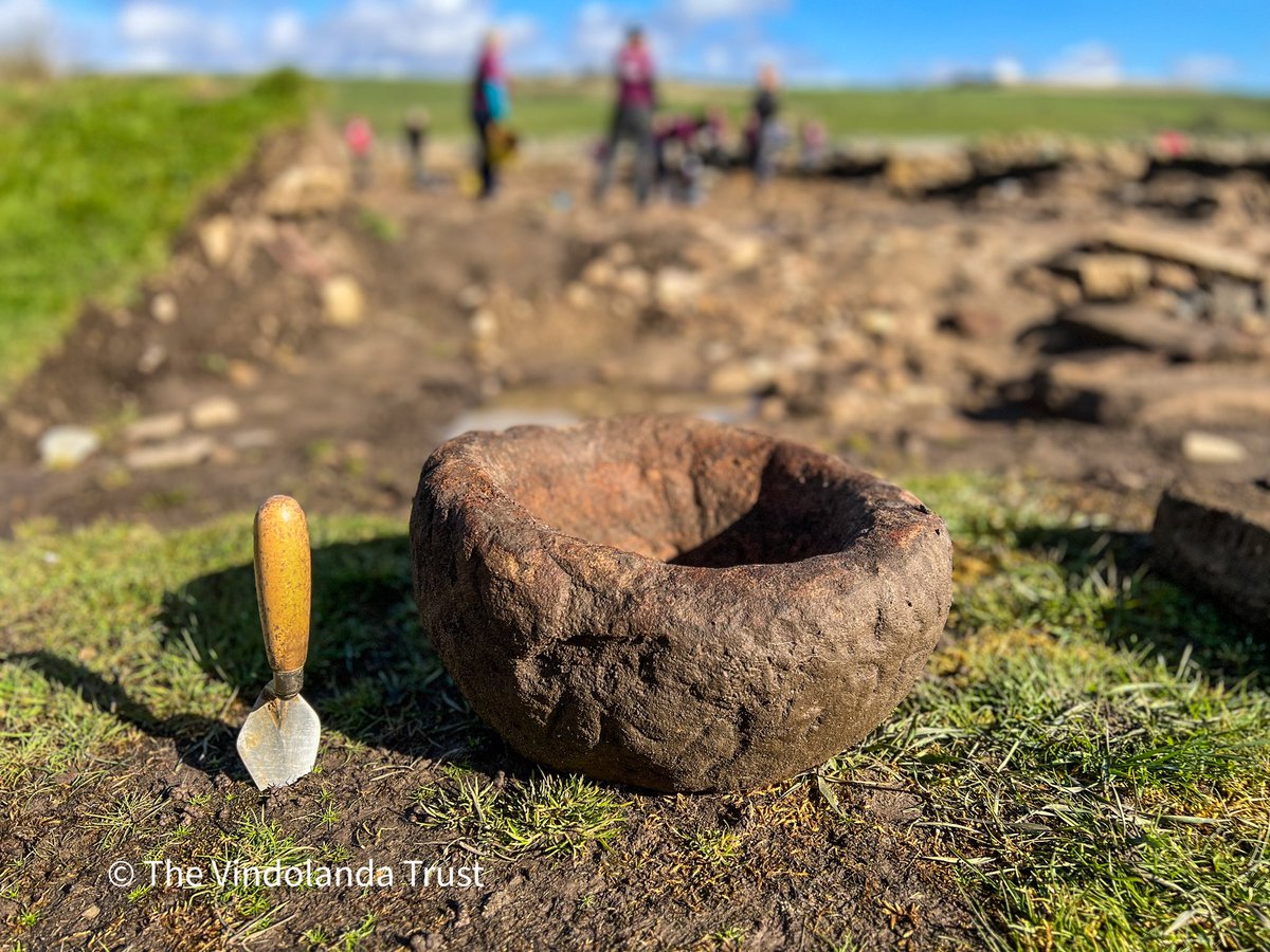VindolandaTrust's tweet photo. Last day on the Vindolanda excavations for our Period 1 team. This is a stone mortar bowl. It was discovered upside down, reused in a late 3rd century floor. #Vindolanda #HadriansWall https://t.co/FBB1dsecHL