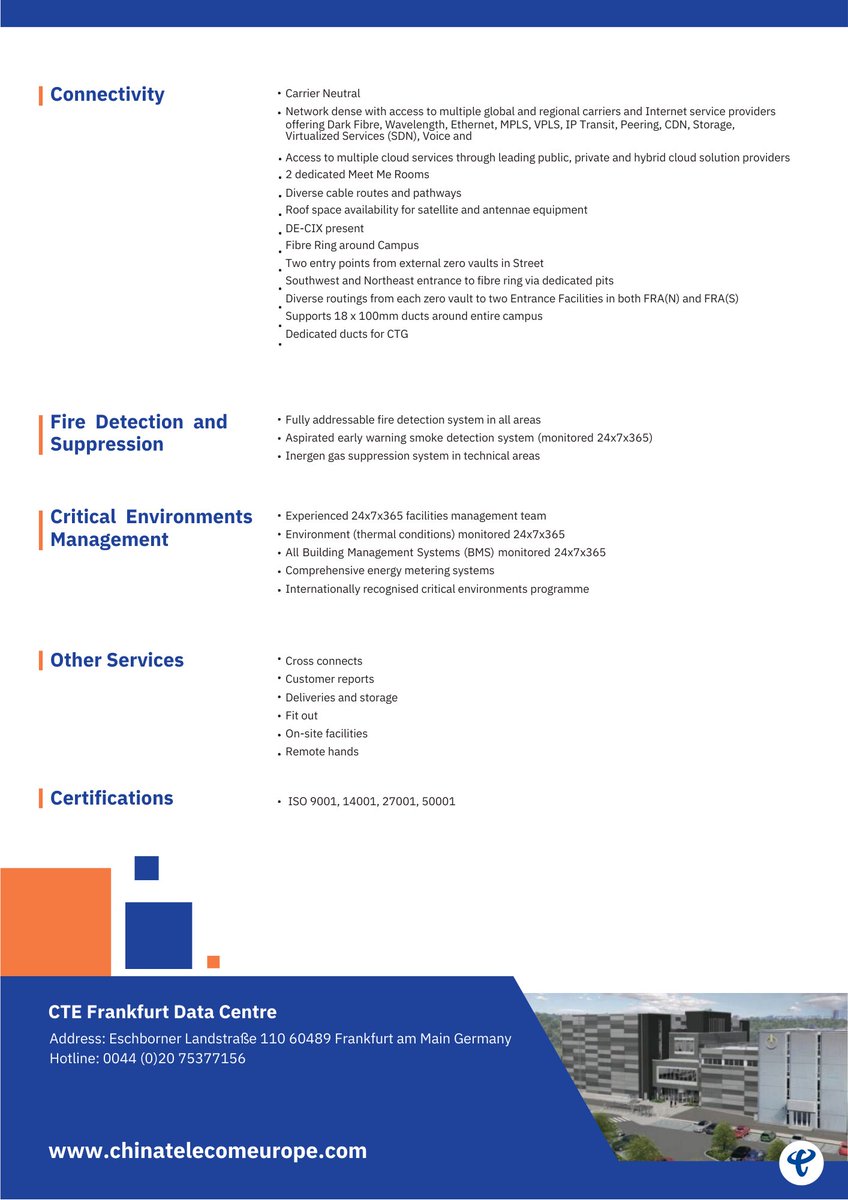 We are so proud to introduce our #Chinatelecomeurope Frankfurt's #DataCentre, with a vast portfolio of international and local #carriers, #ISPs, and #cloud providers.

Contact us to learn more: 
lnkd.in/gEcnwmR

or find out more on our webpage: 
lnkd.in/eS8qjrDj