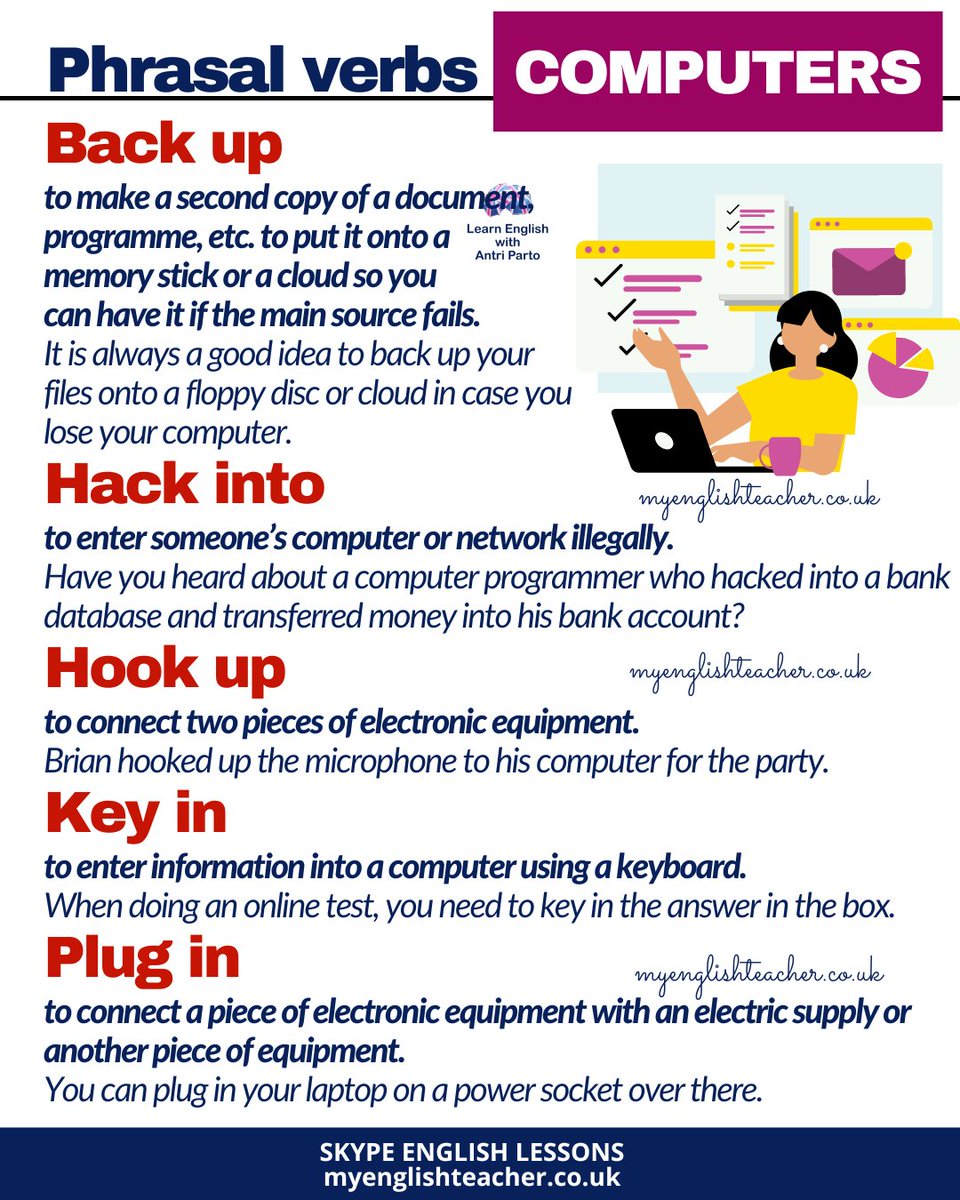 MyLinguaAcademy's tweet image. Follow the link to learn 16 phrasal verbs related to TECHNOLOGY &amp;amp; COMPUTERS buff.ly/3JpXhvp