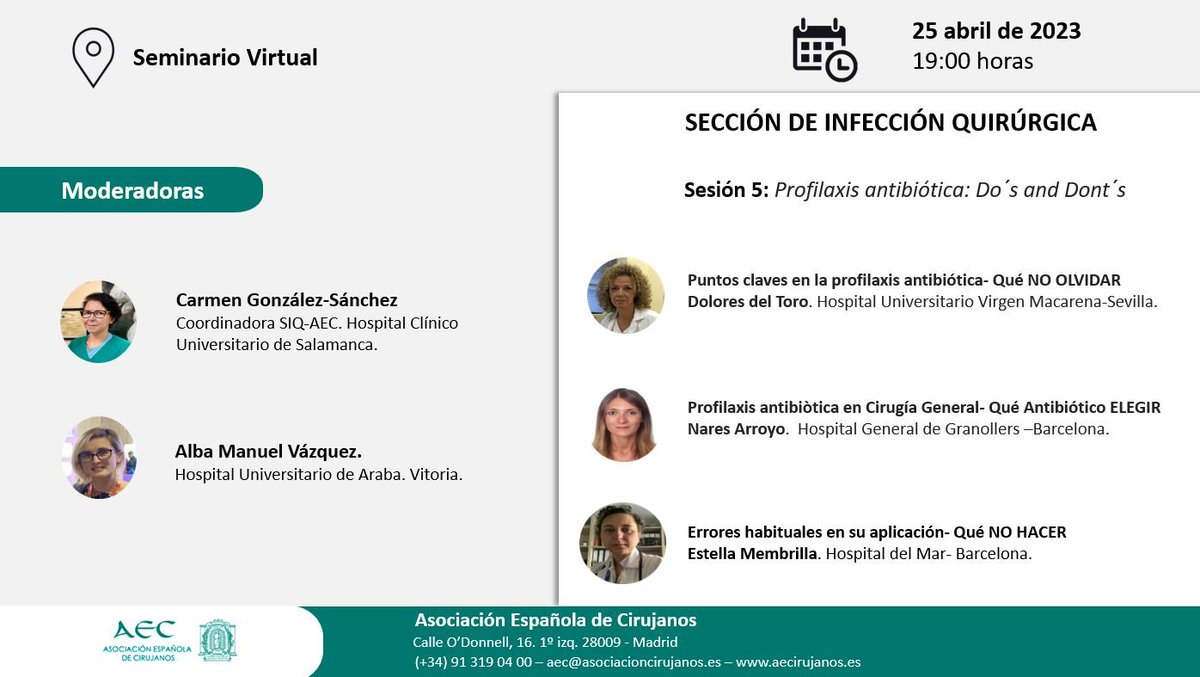 aecirujanos (@aecirujanos) on Twitter photo 📆El 25 de abril, a las 19 h, tienes una nueva sesión de #AulaVirtualAEC. <a href="/SIQ_aecirujanos/">SIQ de la AEC</a> organiza el #webinar “Profilaxis antibiótica: Do’s and Dont’s”, en el que participarán <a href="/DraCGS1967/">carmen gonzalez</a>, Alba Manuel, <a href="/LoladelToro2/">Mª Dolores del Toro</a>, <a href="/ArroyoNares/">Nares Arroyo, MD, PhD</a> y Estela Membrilla.
🔗 ow.ly/MVQF50NIZLL 📆El 25 de abril, a las 19 h, tienes una nueva sesión de #AulaVirtualAEC. <a href="/SIQ_aecirujanos/">SIQ de la AEC</a> organiza el #webinar “Profilaxis antibiótica: Do’s and Dont’s”, en el que participarán <a href="/DraCGS1967/">carmen gonzalez</a>, Alba Manuel, <a href="/LoladelToro2/">Mª Dolores del Toro</a>, <a href="/ArroyoNares/">Nares Arroyo, MD, PhD</a> y Estela Membrilla.
🔗 ow.ly/MVQF50NIZLL