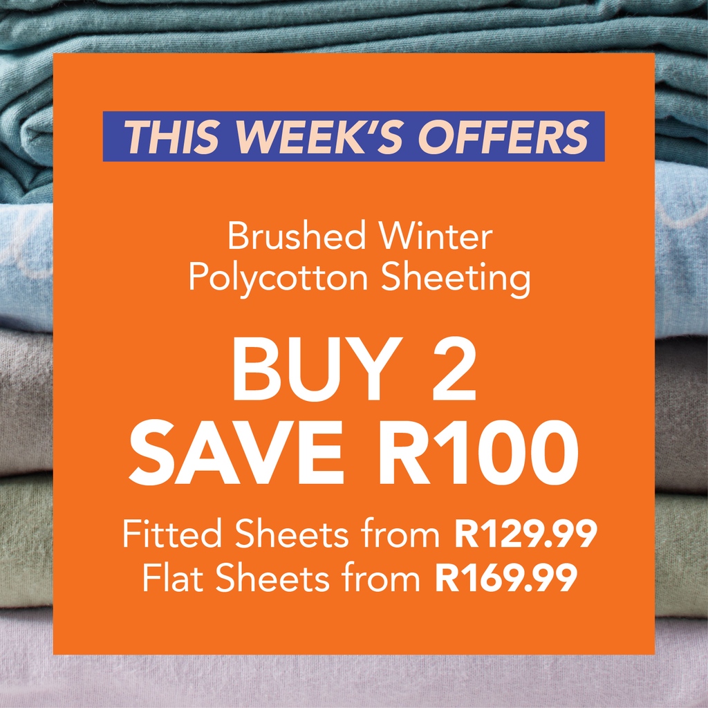SheetStreetZA's tweet photo. SAVE R100: Visit us in-store or click here https://t.co/yyjUxIdiMQ to shop now and save on any two Polycotton Winter Fitted or Flat Sheets between 6 โ 19 April 2023, while stocks last. Tโs and Cโs apply #PromoDeal
101246245 Polycotton Winter Fitted Sheet
D R189.99 https://t.co/fgHkluqDEd