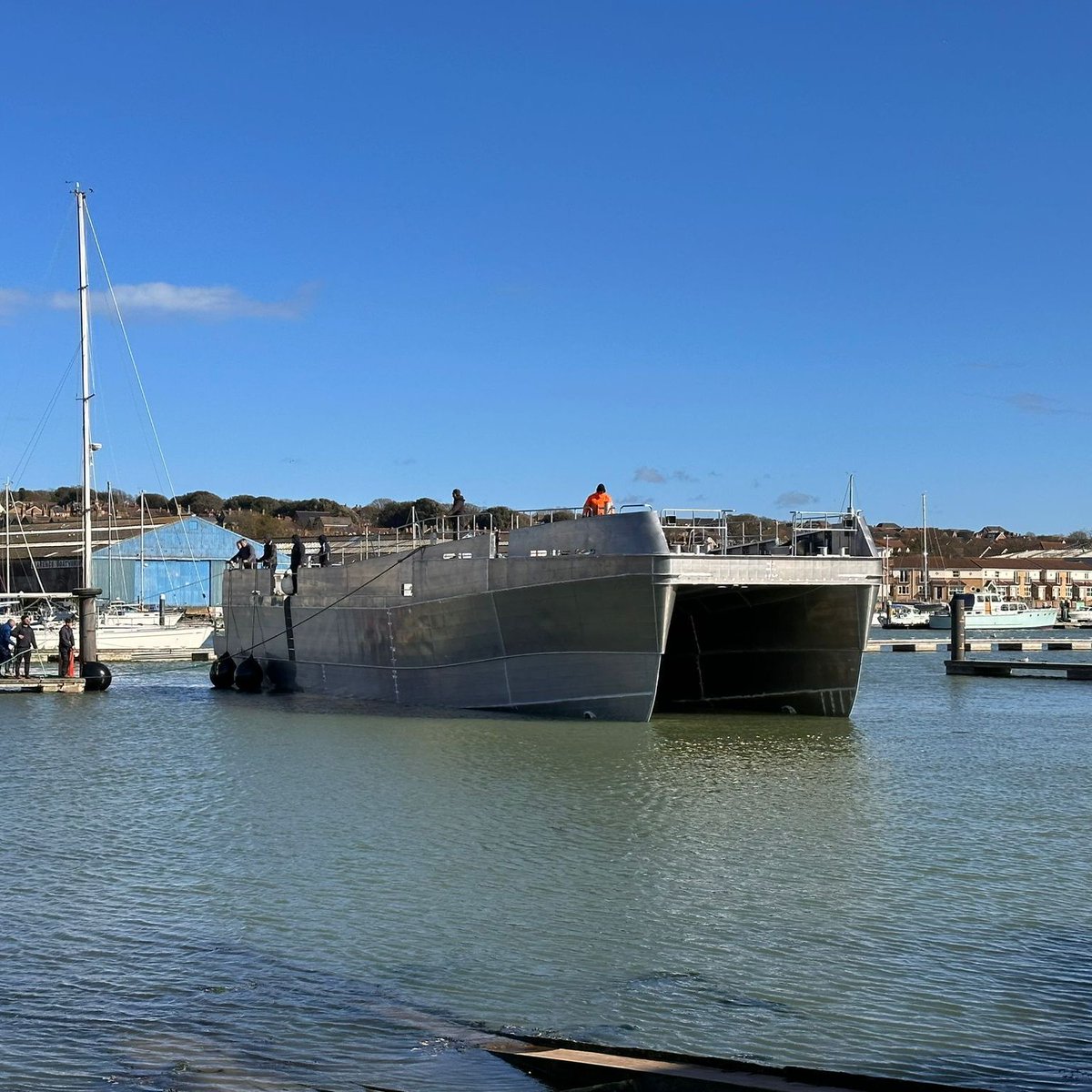 diversemarine's tweet photo. Yesterday's early morning start saw us launch HST MILLIE for the first time 🌊 
Relocating her from the fabrication shed to our outfiting shed 👍

#DiverseMarine #HighSpeedTransfers #Technology #SeaTrials #Craftsmanship #Workboats #Maritime #Industry #TechnologyDevelopment https://t.co/S40dXAfnVT