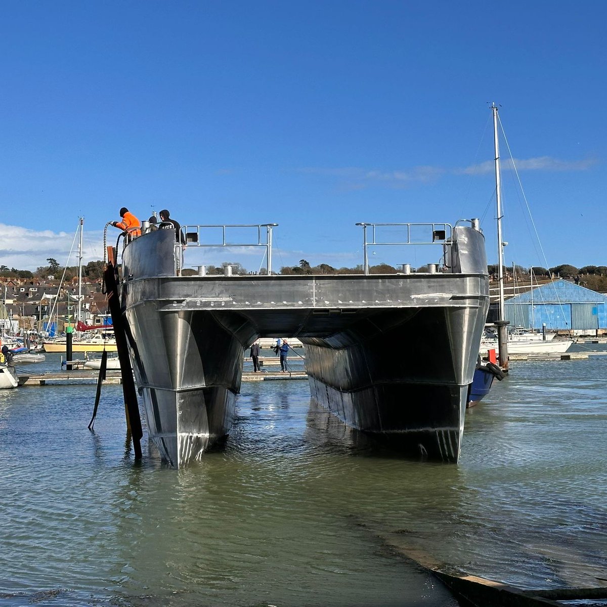diversemarine's tweet photo. Yesterday's early morning start saw us launch HST MILLIE for the first time 🌊 
Relocating her from the fabrication shed to our outfiting shed 👍

#DiverseMarine #HighSpeedTransfers #Technology #SeaTrials #Craftsmanship #Workboats #Maritime #Industry #TechnologyDevelopment https://t.co/S40dXAfnVT
