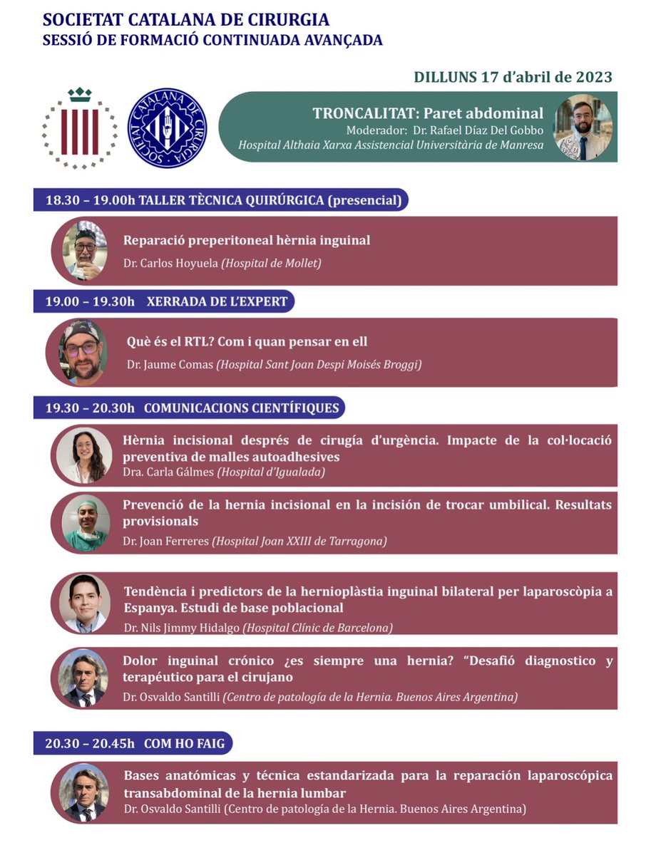 Rafael Díaz Del Gobbo (@rafagdiazgobbo) on Twitter photo El próximo lunes en la <a href="/SCatCir/">Societat Catalana de Cirurgia</a> ✅
Los esperamos en una excelente jornada de Pared abdominal ‼️
Gracias a los ponentes por hacerlo posible ✅
<a href="/ColleraPablo/">Pablo Collera</a> <a href="/hoyuelacarlos/">carlos hoyuela</a> <a href="/jau_1980/">Jaume Comas Isus</a> <a href="/hospitalclinic/">Hospital Clínic</a> <a href="/RicardoRGlz/">HerniaDude</a> <a href="/MISIRG1/">MISIRG</a> <a href="/AecPared/">Seccion Pared AEC</a> <a href="/Cesar_Ginesta/">Cesar Ginestà</a> <a href="/RFarr15/">R. Farré</a> <a href="/IHC_hernia/">International Hernia Collaboration</a> <a href="/eurohernias/">European Hernia Society</a> El próximo lunes en la <a href="/SCatCir/">Societat Catalana de Cirurgia</a> ✅
Los esperamos en una excelente jornada de Pared abdominal ‼️
Gracias a los ponentes por hacerlo posible ✅
<a href="/ColleraPablo/">Pablo Collera</a> <a href="/hoyuelacarlos/">carlos hoyuela</a> <a href="/jau_1980/">Jaume Comas Isus</a> <a href="/hospitalclinic/">Hospital Clínic</a> <a href="/RicardoRGlz/">HerniaDude</a> <a href="/MISIRG1/">MISIRG</a> <a href="/AecPared/">Seccion Pared AEC</a> <a href="/Cesar_Ginesta/">Cesar Ginestà</a> <a href="/RFarr15/">R. Farré</a> <a href="/IHC_hernia/">International Hernia Collaboration</a> <a href="/eurohernias/">European Hernia Society</a>