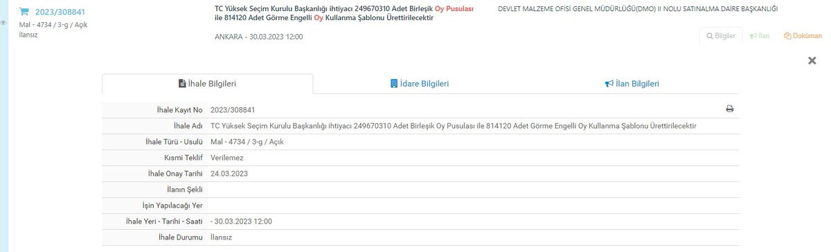 Yüksek Seçim Kurulu 14 Mayıs seçimlerinde kullanılacak oy pusulaları için ihale ilanına çıktı.

İlana göre toplam 249.670.310 adet birleşik oy pusulası basılacak.

İki yüz kırk dokuz milyon altı yüz yetmiş bin!