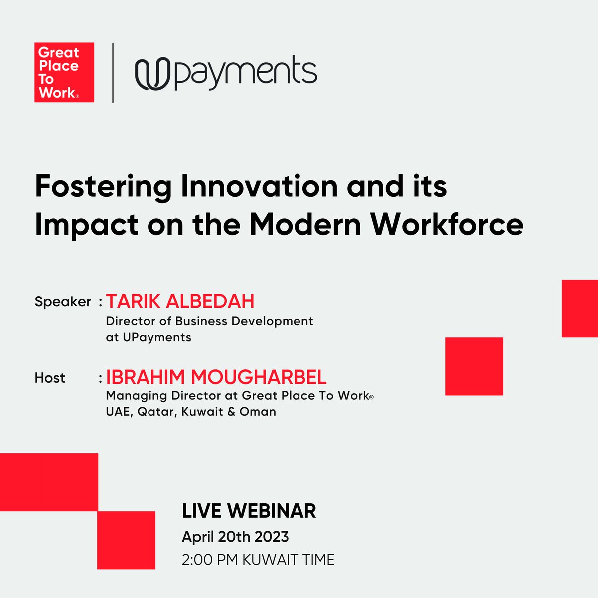 gptw_me's tweet image. Webinar alert! Join us &amp;amp; UPayments to explore the impact of modern workforce on innovation &amp;amp; staying competitive in the ever-changing business world. 
zurl.co/agUa
 
#ModernWorkforce #Innovation #UPayments #Webinar