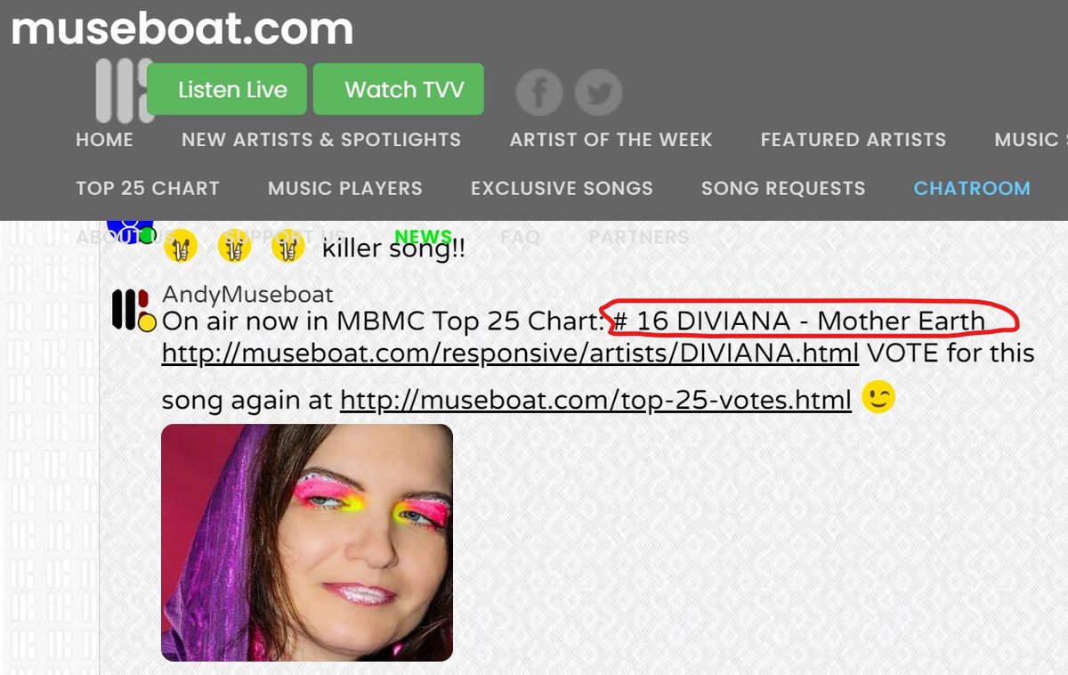 @Artist_Diviana  with the song 'MOTHER EARTH' is #16 in MBMC Top 25 Chart at @museboatlive 
Vote again for th song at  museboat.com/top-25-votes.h…
#diviana #motherearth #annacnova #acnmusic #acnmultimediagroup #museboatlivechannel #mbmc #top25 #chart #music2023 #createmusic #staysafe