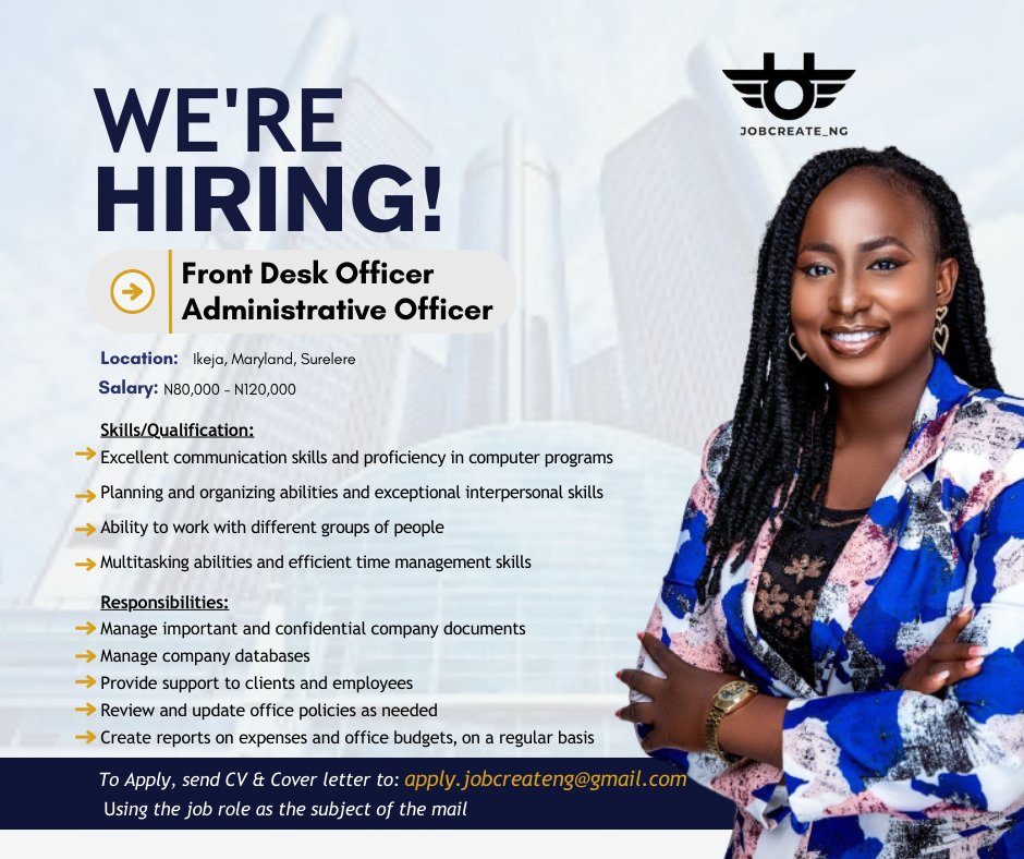 Job Create Nigeria (@jobscreateng) on Twitter photo Job Create Nigeria are hiring for the following positions:
Front Desk officer
Administrative Officer
Interested candidates should send their CV/Resume to apply.jobcreateng@gmail.com
#ManUtd
#ManchesterUnited
#recitation_themovie
#Varane Job Create Nigeria are hiring for the following positions:
Front Desk officer
Administrative Officer
Interested candidates should send their CV/Resume to apply.jobcreateng@gmail.com
#ManUtd
#ManchesterUnited
#recitation_themovie
#Varane
