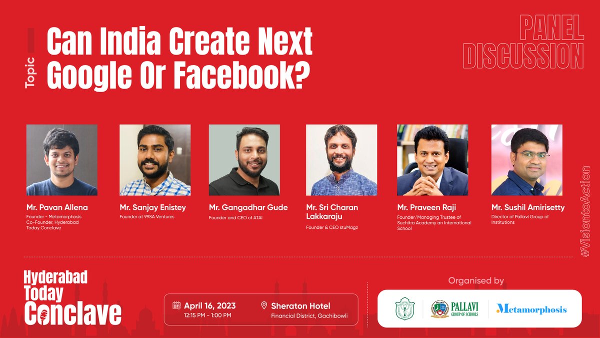 Join us at HTC for a thrilling panel discussion with young trailblazers from around the globe as they explore the question: Can India create next Google or Facebook? 🌍🔥 Get ready for an electrifying exchange of ideas, innovation, and inspiration! 

#HTC2023 #visiontoaction #hyd