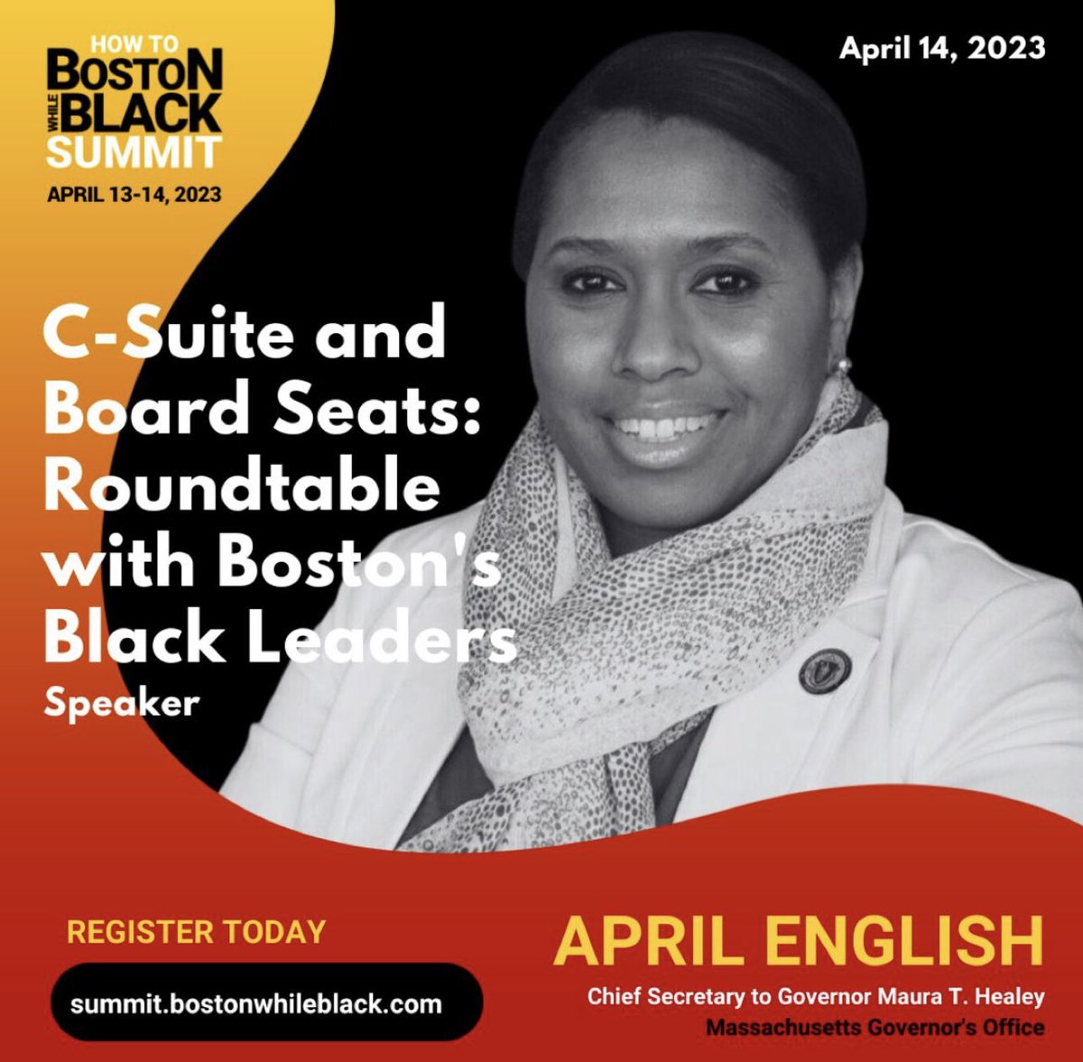 Join me, April English & Michael Curry, Esq. at the 2nd Annual How to Boston While Black Summit! TODAY, April 14th at our Roundtable session ✅

C-Suite and Board Seats: Creating Your Pathway to Leadership

#BostonWhileBlack #HTBWBSummit #2023HTBWBSummitSpeaker #leadership