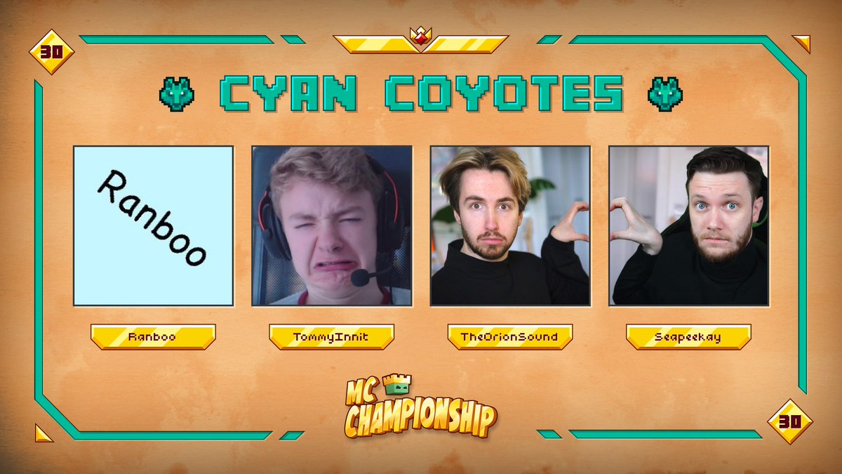 👑 Announcing team Cyan Coyotes 👑

@Ranboosaysstuff @tommyinnit @TheOrionSound @Seapeekay

Watch them in MCC on Saturday April 29th at 8pm BST!