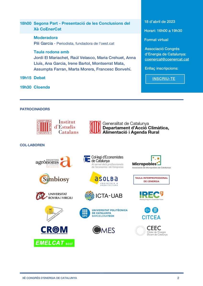 ⚡️Jornada de cloenda del X Congrés d’Energia de Catalunya 
⏳Encara ets a temps d’inscriure’t  
📆18/4 
⏲️16h-19.30h 
👉Inscripcions aquí: iec.cat/jornades/coene…