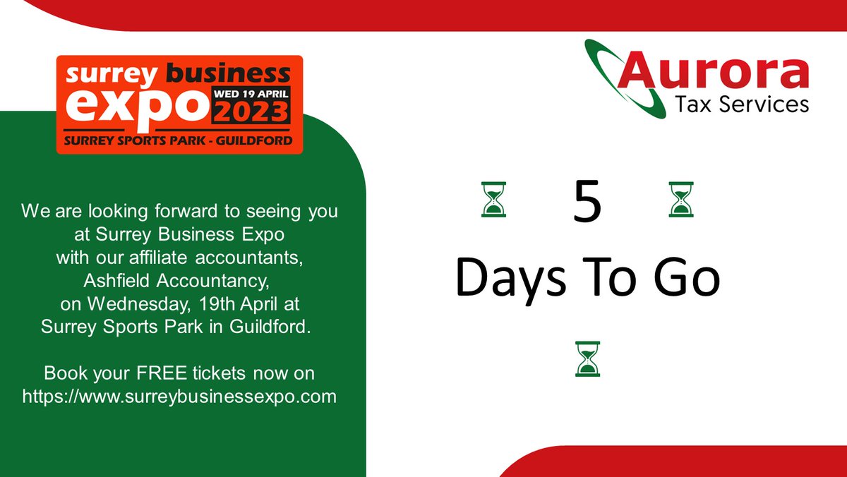 aurora_tax's tweet photo. We are looking forward to seeing you at
Surrey Business Expo with our affiliate accountants, Ashfield Accountancy, 
on Wednesday, 19th April at Surrey Sports Park in #Guildford.

Book your FREE tickets now on
https://t.co/d2RZvy9AyY
#sbe2023 #Surrey https://t.co/NJG9rptDIp
