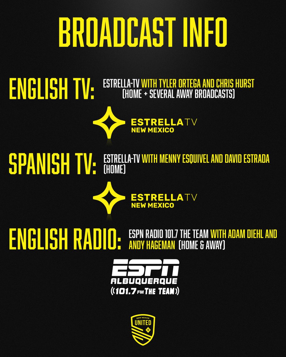 New Mexico United (@newmexicoutd) on Twitter photo Our official TV & Radio lineup for 2023 is HERE 🎙
📺 Watch English-language TV broadcasts on <a href="/estrellatv/">Estrella TV</a> with <a href="/TyOrtega/">т.o.</a> & <a href="/chrishurst82/">Chris Hurst</a>!
📺 Esos interesados en la pasión latina del fútbol pueden sintonizar la transmisión en Estrella TV con a <a href="/menny_esquivel/">Menny esquivel</a> y <a href="/DaveedEstrada/">David Estrada</a>. Our official TV & Radio lineup for 2023 is HERE 🎙
📺 Watch English-language TV broadcasts on <a href="/estrellatv/">Estrella TV</a> with <a href="/TyOrtega/">т.o.</a> & <a href="/chrishurst82/">Chris Hurst</a>!
📺 Esos interesados en la pasión latina del fútbol pueden sintonizar la transmisión en Estrella TV con a <a href="/menny_esquivel/">Menny esquivel</a> y <a href="/DaveedEstrada/">David Estrada</a>.