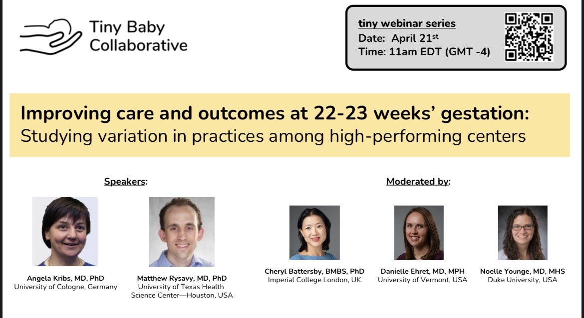 One of our faculty members, Dr Noelle Younge is a moderator for the first webinar of a series hosted by the Tiny Baby Collaborative, an international collaborative focused on improving care for infants born ≤23 weeks of gestation <a href="/NeoTECaN/">Neo Kids On The Block</a> <a href="/AAPneonatal/">AAP Neonatal</a> #neoTwitter