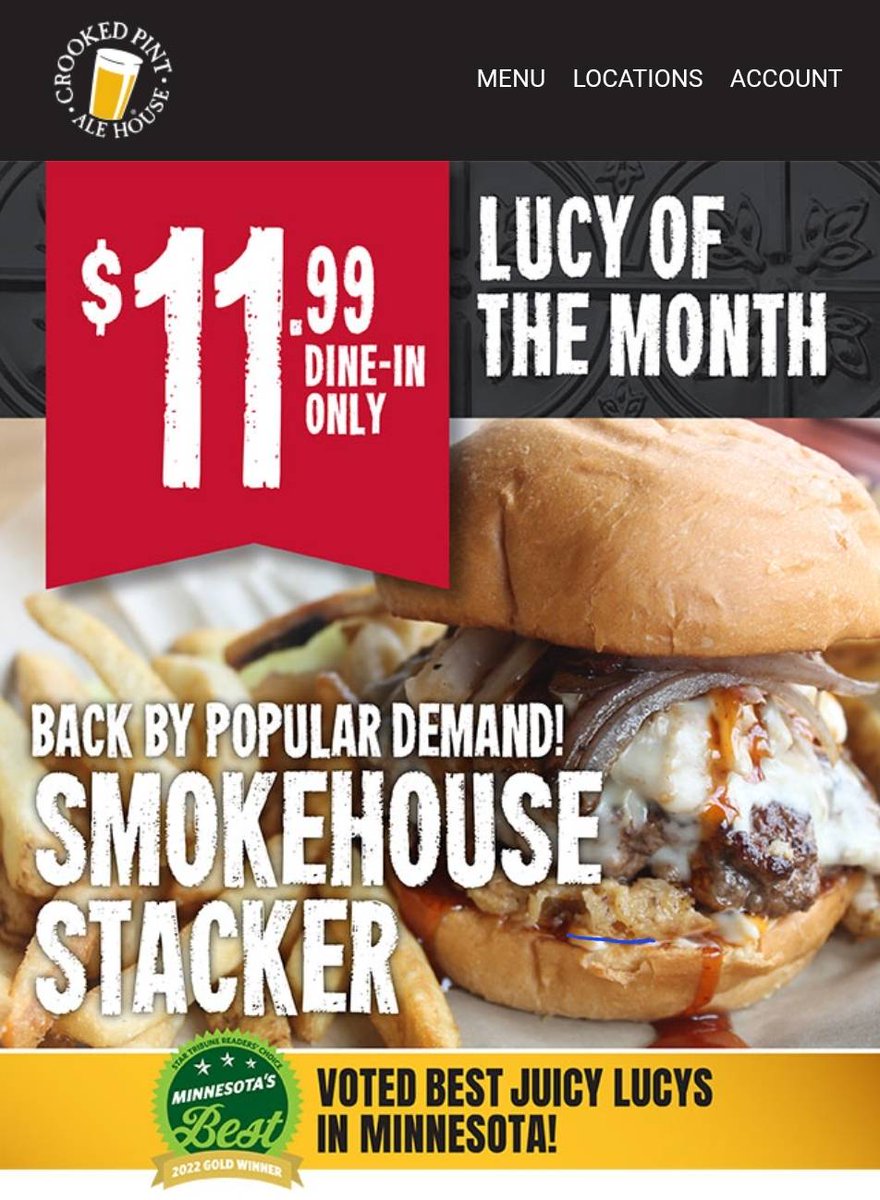 The Smokehouse Stacker Lucy is back through April 30th - Get it while you can!
#CrookedPintMPLS #LucyOfTheMonth

#lunch #dinner #special #LimitedTimeOnly