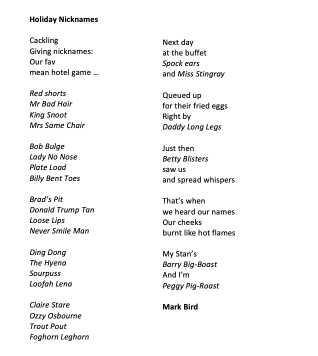 dreambeastpoems's tweet image. A bit of silliness for Friday: "Holiday Nicknames." Of course this poem is not based on anything I have done, or would ever do, while on #vacation #humorwriting #humorous #humour #PoetryMonth #poetrytwitter