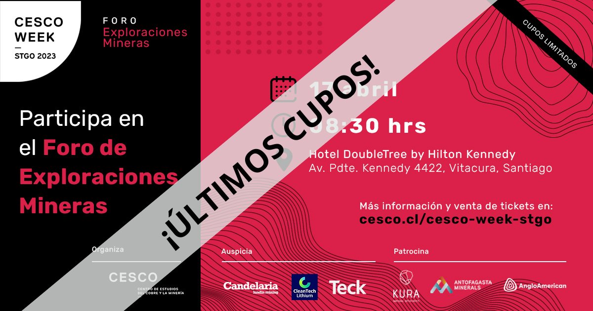 ¡Último día!

Adquiere hoy tu ticket al Foro de Exploraciones Mineras, y participa en el evento inaugural de #CescoWeek2023, que realizaremos este 17 de abril.

👉 lnkd.in/e9cWDFcf