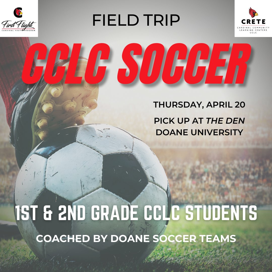 CardinalCenters's tweet photo. ATTENTION CCLC PARENTS OF 1ST &amp; 2ND GRADE STUDENTS: 

On Thursday, April 20, Doane University Soccer will host a special event. You may opt out your student by messaging chelsea.sidel@creteschools.org

Otherwise, please plan to pick up your student from Doane at 6 p.m. that day. https://t.co/ZVorMfgyQV