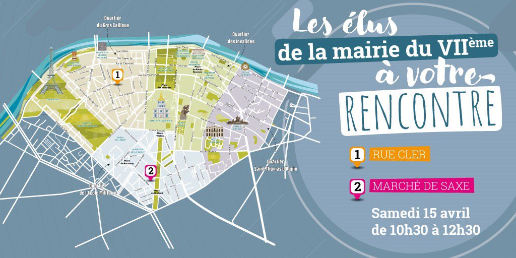 #Rencontre
🗣️ Retrouvez les élus de la <a href="/mairie7/">Mairie du 7e Paris</a>
 le samedi 15 avril de 10h30 à 12h30 : rue Cler &amp; Marché de Saxe #Paris7.  

👉Une occasion d'échanger avec vos élus sur des projets, des actions en faveur de notre arrondissement 
#proximité #échange