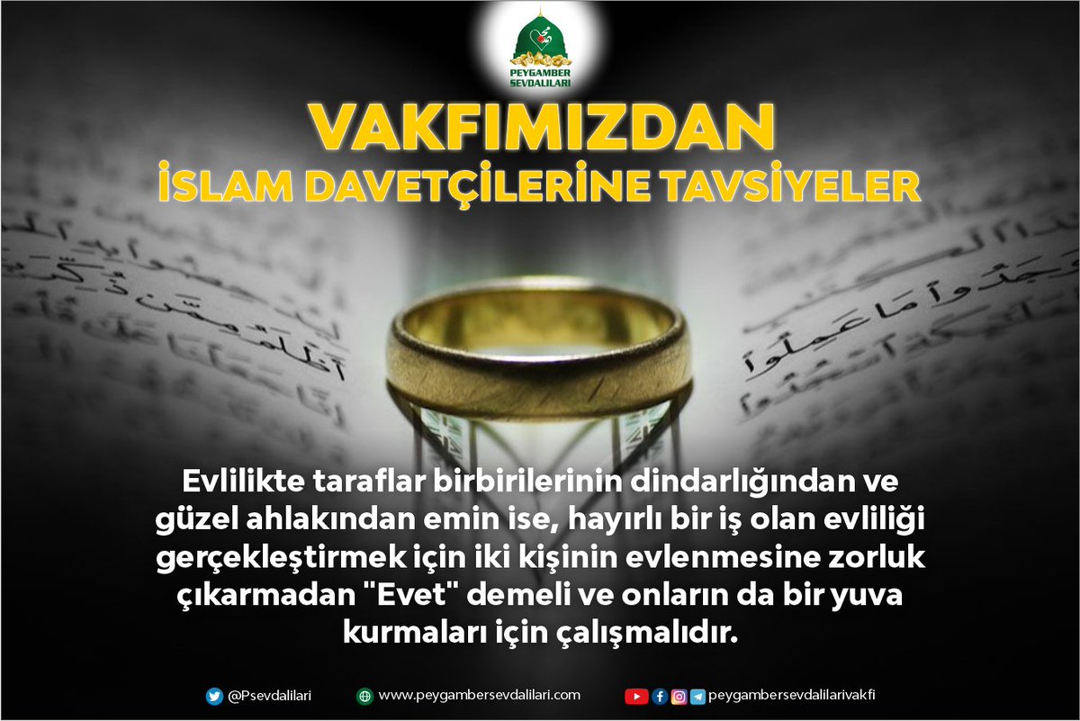 PSevdalilari's tweet photo. Evlilikte taraflar birbirilerinin dindarlığından ve güzel ahlakından emin ise, hayırlı bir iş olan evliliği gerçekleştirmek için iki kişinin evlenmesine zorluk çıkarmadan "Evet" demeli ve onların da bir yuva kurmaları için çalışmalıdır. https://t.co/VRj8IWCoNI