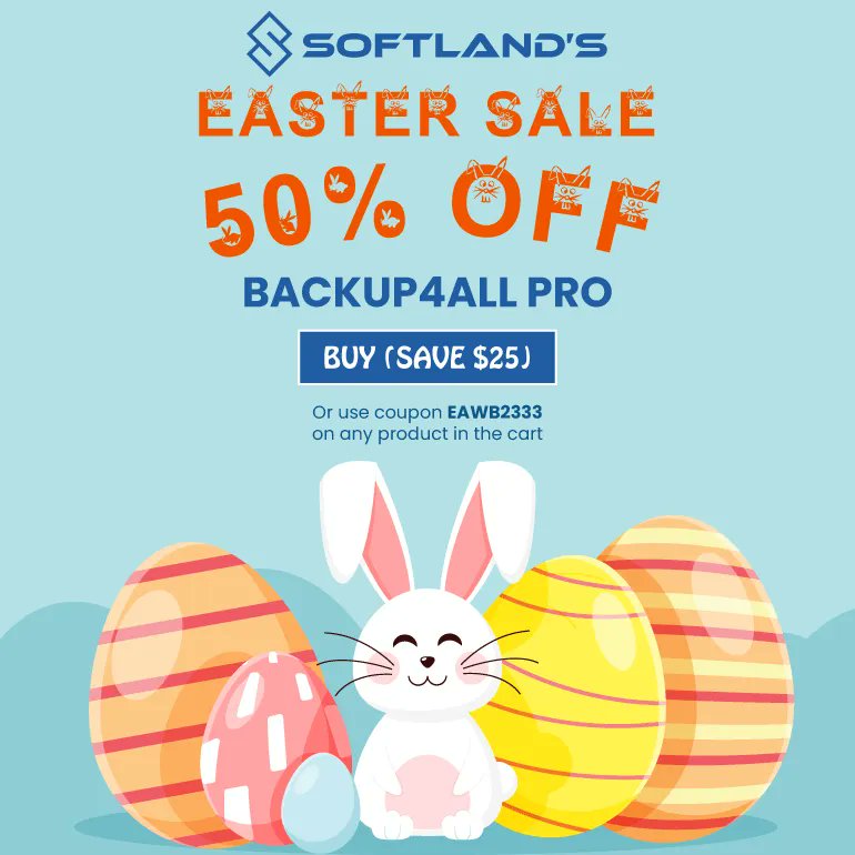backup4all's tweet image. The #Easter Sale is still available (as the Orthodox easter is coming this weekend), so hop into the Easter spirit with a sweet deal: 🐇🐣👨💻 50% #discount on #Backup4all to keep your data safe.
🎉 Don't miss out on this egg-citing offer, grab it now: buff.ly/3xoGHI9