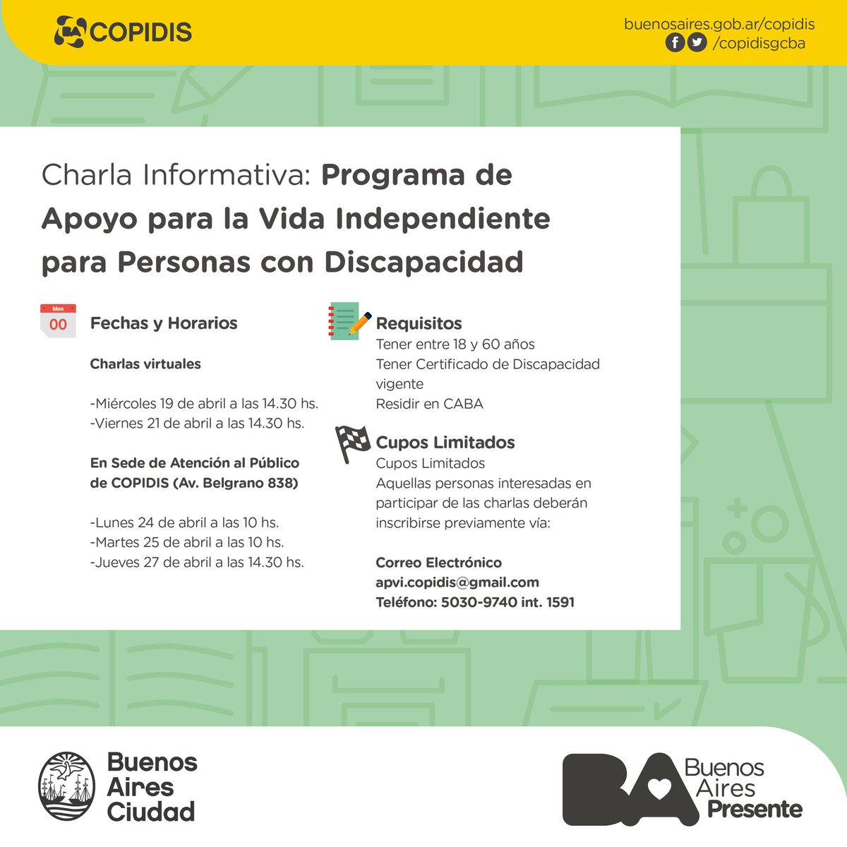 copidisba's tweet photo. Quedan pocas horas para participar de la charla informativa sobre el programa de Apoyo para la Vida Independiente #apvi | ¡ANOTATE! 🏃♀️👇
ℹ Para más info sobre las charlas, fechas y encuentros visita: https://t.co/xlaSa3y5K8 https://t.co/pQFN6wzrRE