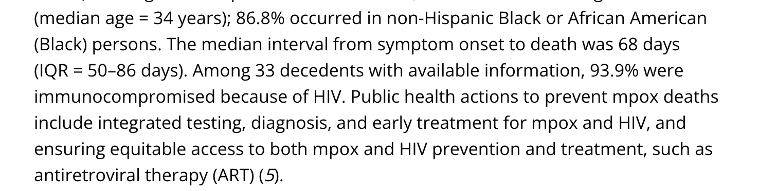  86.8% occurred in non-Hispanic Black or African American (Black) persons. The median interval from symptom onset to death was 68 days (IQR = 50–86 days). Among 33 decedents with available information, 93.9% were immunocompromised because of HIV. Public health actions to prevent mpox deaths include integrated testing, diagnosis, and early treatment for mpox and HIV, and ensuring equitable access to both mpox and HIV prevention and treatment, such as antiretroviral therapy (ART) (5).