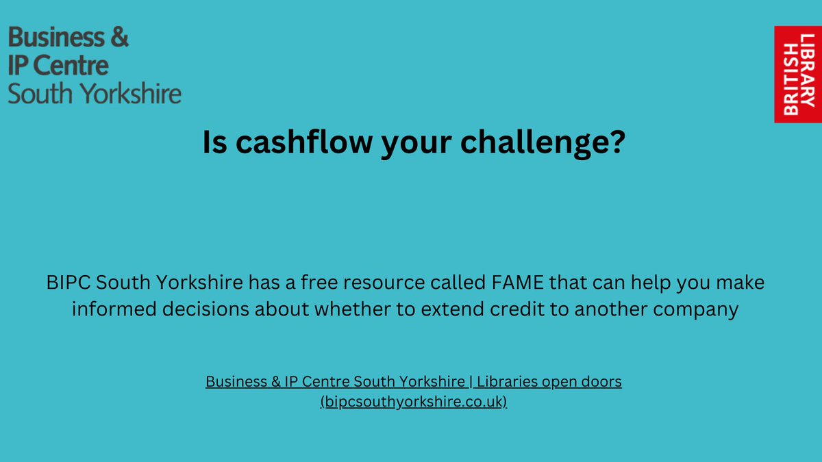 BIPCSouthYorkshire (@bipcsouthyorks) on Twitter photo If #cashflow is your challenge as a business - check out the recommended level of credit you can offer a company. FAME can help. Book a 121 session with one of our information specialists in @SheffLibraries <a href="/RothLibraries/">Rotherham Libraries</a> <a href="/DoncasterLib/">Doncaster Libraries</a> <a href="/BarnsleyLibs/">Barnsley Libraries</a> ow.ly/holn50NJez7 If #cashflow is your challenge as a business - check out the recommended level of credit you can offer a company. FAME can help. Book a 121 session with one of our information specialists in @SheffLibraries <a href="/RothLibraries/">Rotherham Libraries</a> <a href="/DoncasterLib/">Doncaster Libraries</a> <a href="/BarnsleyLibs/">Barnsley Libraries</a> ow.ly/holn50NJez7