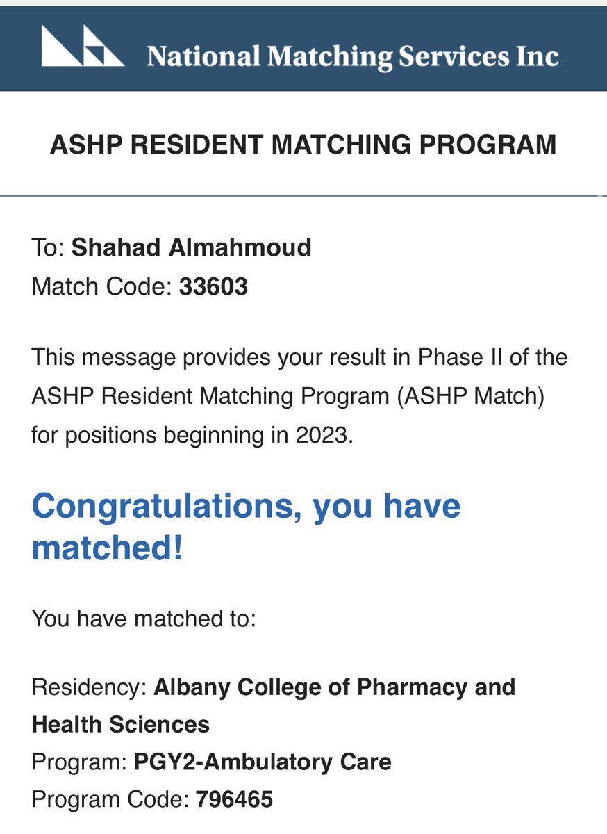 I am going to be ambulatory care pharmacist!! 🎉 Very excited to join @acphsofficial as a PGY2 resident!  #RxMatchDay