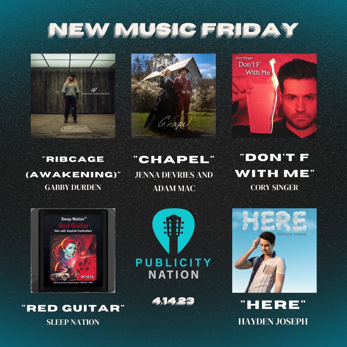 What a great #newmusicfriday we have this week. Make sure to check out all these awesome new singles! #newmusic #publicitynation #corysinger #sleepnation #jennadevries #gabbydurden #adammac #haydenjoseph