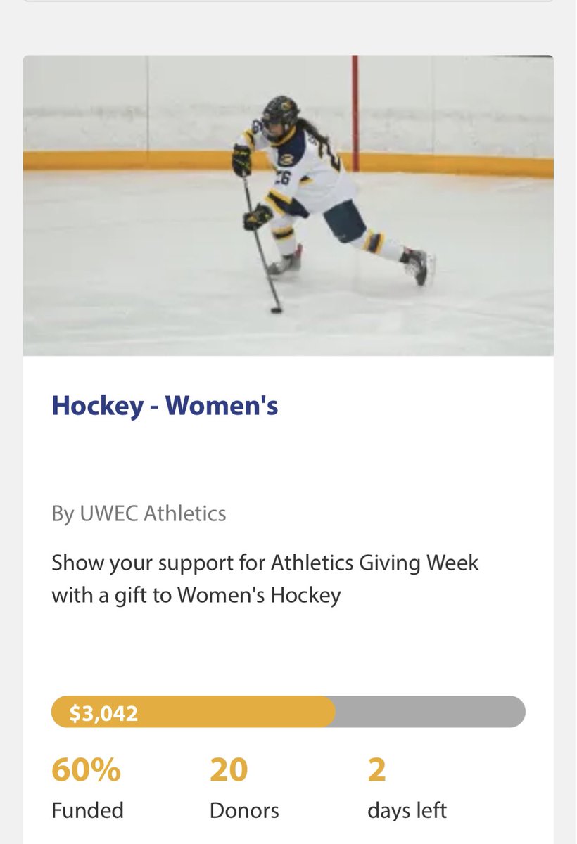 Very fortunate to have some amazing supporters of 💙💛 Women’s Hockey! Thank you for the support!!! Less than $2,000 away from our goal! 💪

<a href="/SFBbelieves/">Security Financial Bank</a> matched the first $1,000! 

Thank you <a href="/SFBbelieves/">Security Financial Bank</a>!!!! 

Link to the giving page: impact.uwec.edu/g/athletics