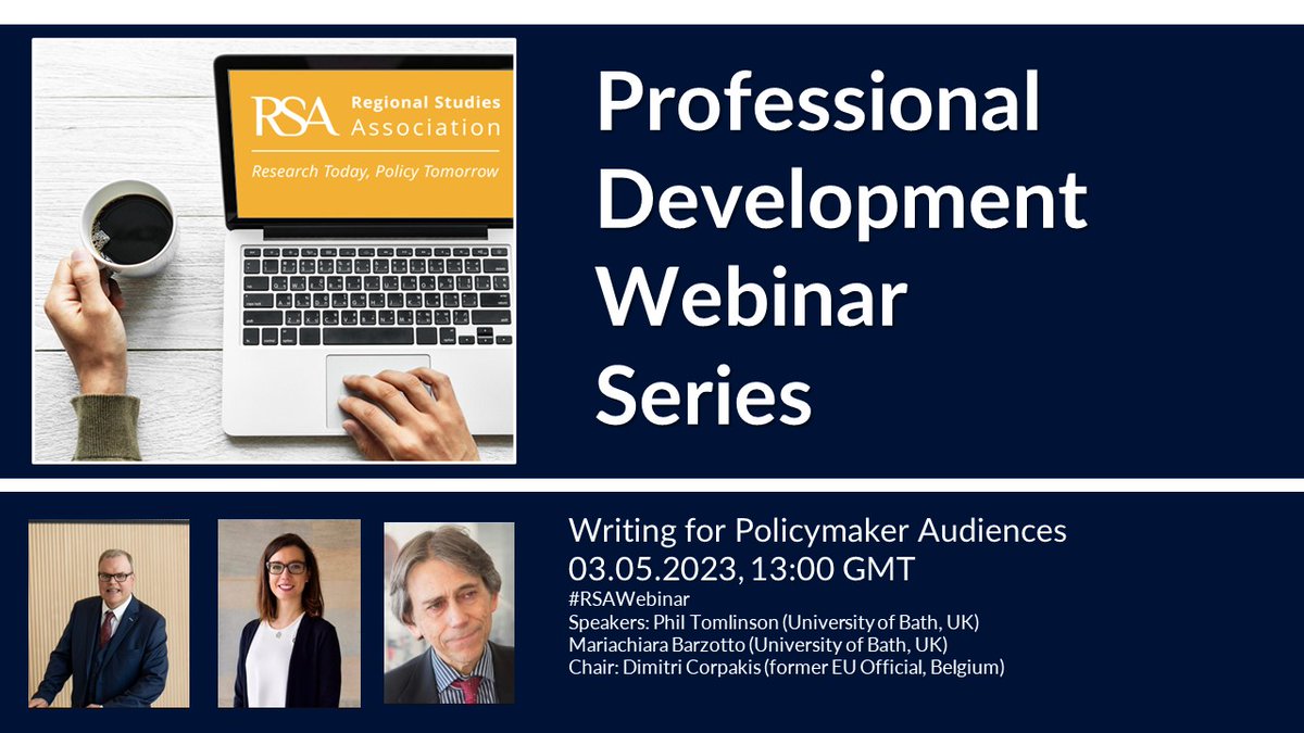 👩‍💻 And another interesting webinar on May 3rd organized by RSA @regstud: Writing for Policymaker Audiences

📅 03.05.23. 13.00 BST / 14.00 CEST

👉 tinyurl.com/5hcetya7

Speakers: Phil Tomlinson and Mariachiara Barzotto, both University of Bath, UK

#RSAWebinar