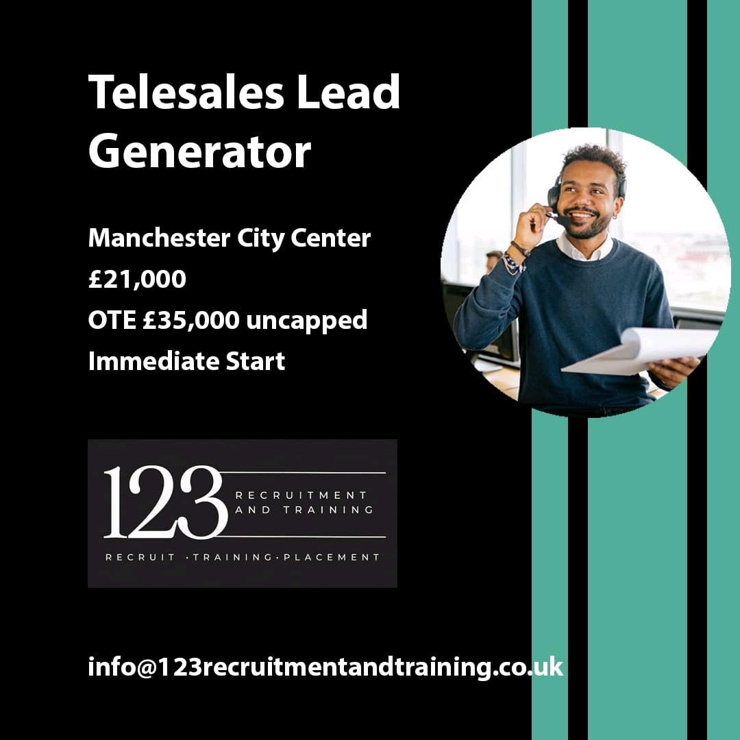 Message me now: info@123recruitmentandtraining.co.uk
#immediatestarts #immediate #telesalesjobs #leadgeneration #leadgen #officebased #123recruitment #hiringnow #recruitment #manchesterjobs