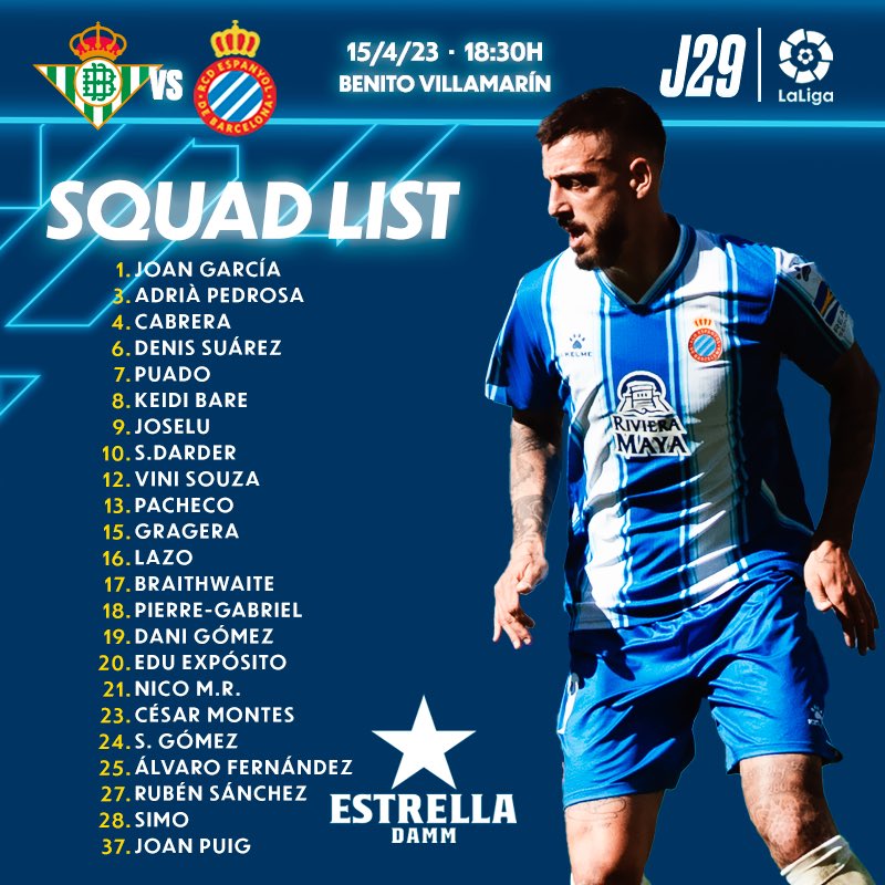 RCDEspanyol's tweet photo. 📋 CONVOCATÒRIA | 23 jugadors viatgen a Sevilla #RealBetisEspanyol https://t.co/PfdY4ynGC8