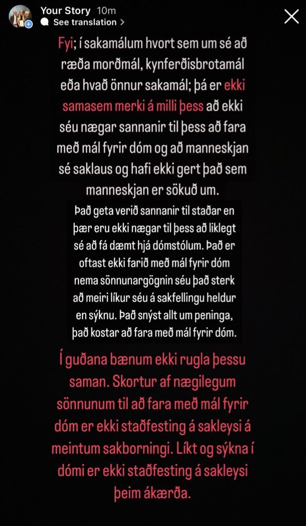Niðurfelling hjá lögreglu eða sýkna í dómi er ekki sönnun um sakleysi. 

Hugur minn er hjá þolendum.❤️
Það er ekki auðvelt að vera þolandi og sjá fólk rakka þolendur niður við fréttir um niðurfellingu/sýknu á meintum ofbeldismanni. 

Sýnið þolendum virðingu og gætið orða ykkar.