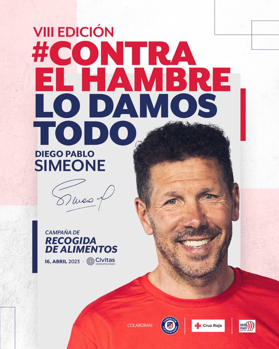 Diego Pablo Simeone (@simeone) on Twitter photo Los esperamos este domingo a partir de las 16h en la carpa del <a href="/Metropolitano/">Riyadh Air Metropolitano</a> para luchar contra el hambre.
#ContraElHambreLoDamosTodo Los esperamos este domingo a partir de las 16h en la carpa del <a href="/Metropolitano/">Riyadh Air Metropolitano</a> para luchar contra el hambre.
#ContraElHambreLoDamosTodo