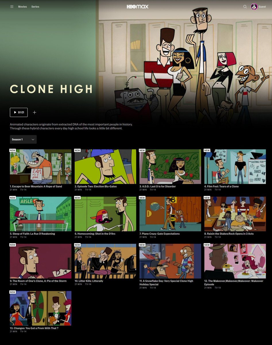 Well look at that. 
The original season 1 of CLONE HIGH is now up on HBO Max. If you never saw it, now’s your chance to catch up before the new season 20 years later. 
It mostly holds up well!