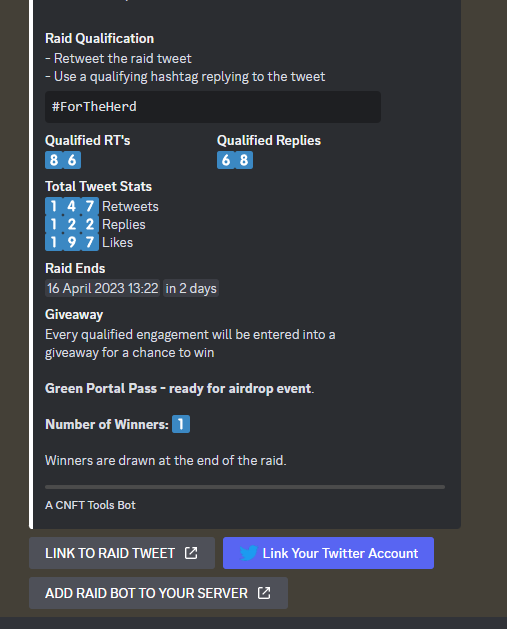 CnftTools's tweet photo. An early customer of the new CNFT Tools Raid Bot is @StagAlliance 

The numbers speak for themselves!

Why not give our Raidbot a try out today. First raid is free!

Gamify your raids.
Give out prizes.
Get analytics about who is engaging!

https://t.co/GHPfO9RFRX https://t.co/tzur8Y1ayb