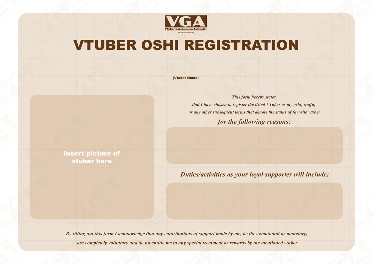 ModestNarcissus's tweet photo. 🚨ATTENTION ALL #VTUBER ENJOYERS🚨

By order of the Vtuber Gatekeeping Authority you are now required to register your favorite Vtuber or "oshi" using the form below. Please do so immediately.
🗒️✍️

This message brought to you by the 
Vtuber Gatekeeping Authority. https://t.co/0zbTt9hrdj