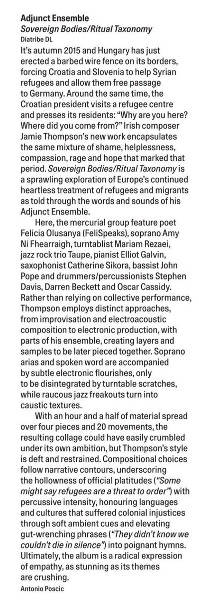 DiatribeRecords's tweet photo. "Ultimately, the album is a radical expression of empathy, as stunning as its themes are crushing."

Antonio Poscic on #AdjunctEnsemble for @thewiremagazine https://t.co/u2dIkYTubl