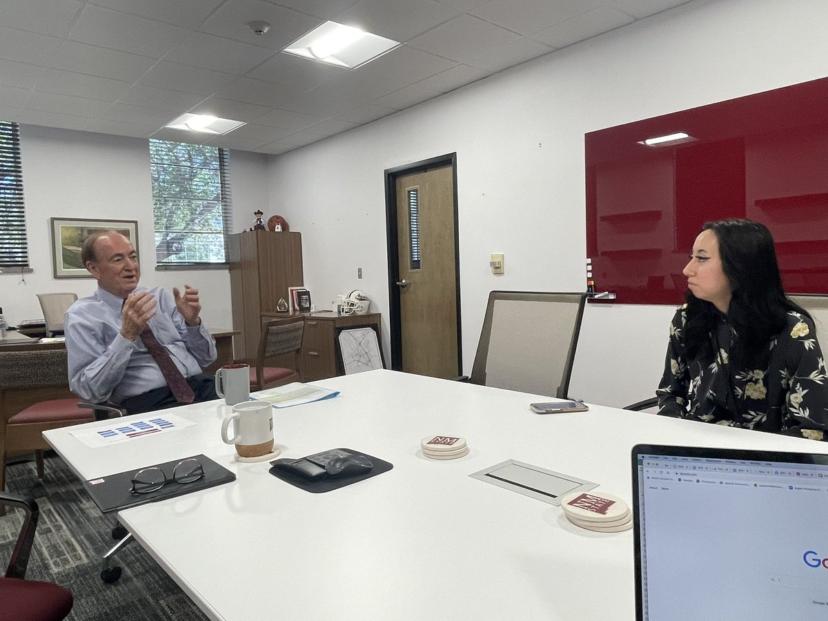justinnmsu's tweet photo. Interim Chancellor Jay Gogue sat down this morning with Cielo Rodriguez from the Round-Up to talk about his first week back at NMSU. @nmsu @newscielito https://t.co/dSBZeZEsD7
