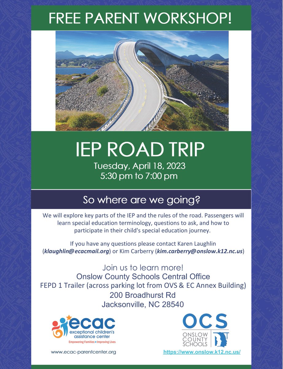 The IEP Road Trip information session will be held Tuesday, April 18 at 5:30 p.m. at the OCS Central Services Office. Join us to learn more about IEPs and your child's journey in special education. 
Register at bit.ly/3nDSKyc
