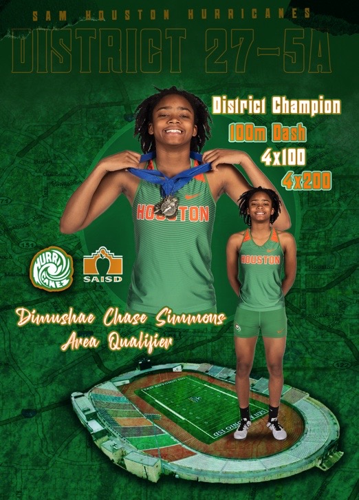 Congrats to our freshman, Dimushae Chase-Simmons, for advancing to Area as the District 27-5A Champion in the 100m dash, 4x100 and 4x200 🥇🥇🥇